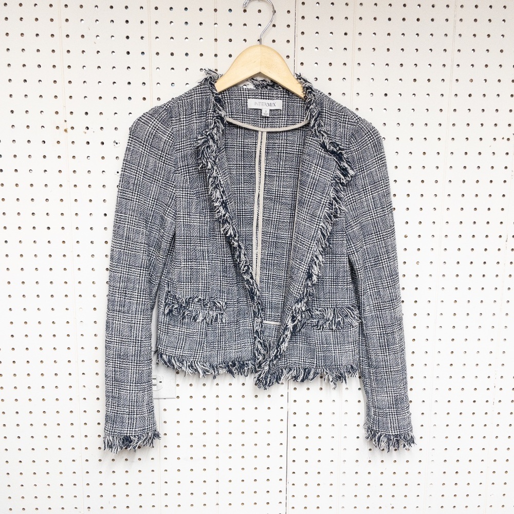Intermix EUC Dark Navy & Off White Tweed, Fringe, Open-front Blazer